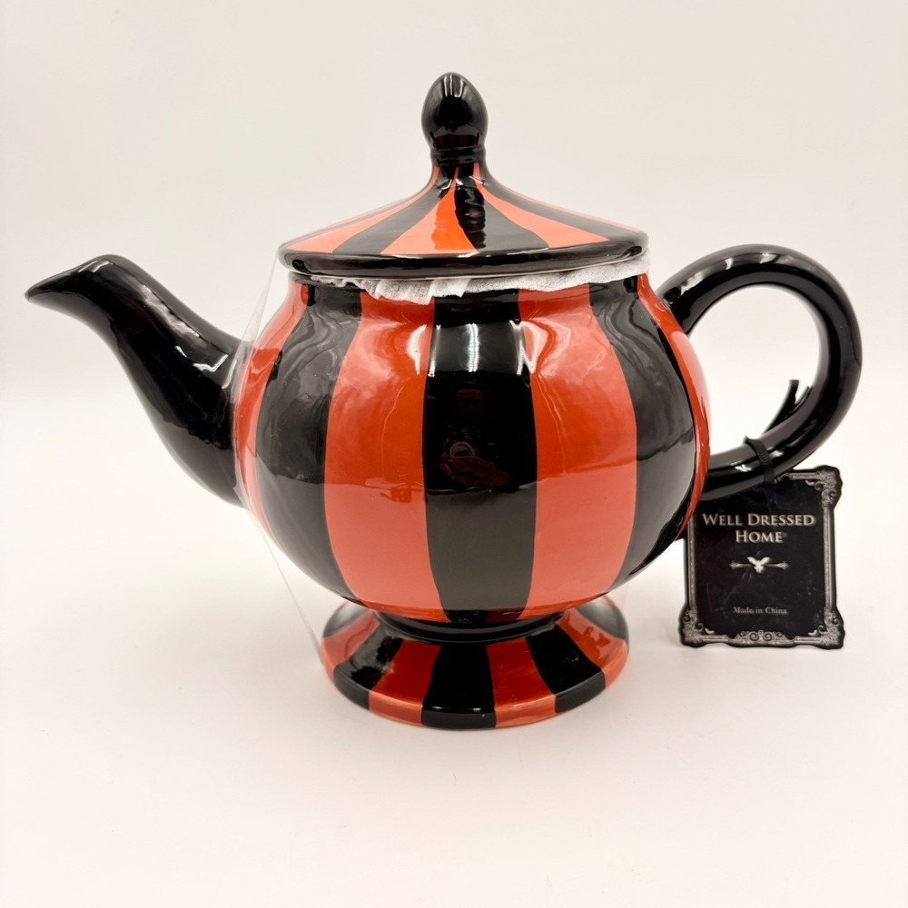Arlington Design Well Dressed Home Orange Black Striped Ceramic Teapot Halloween